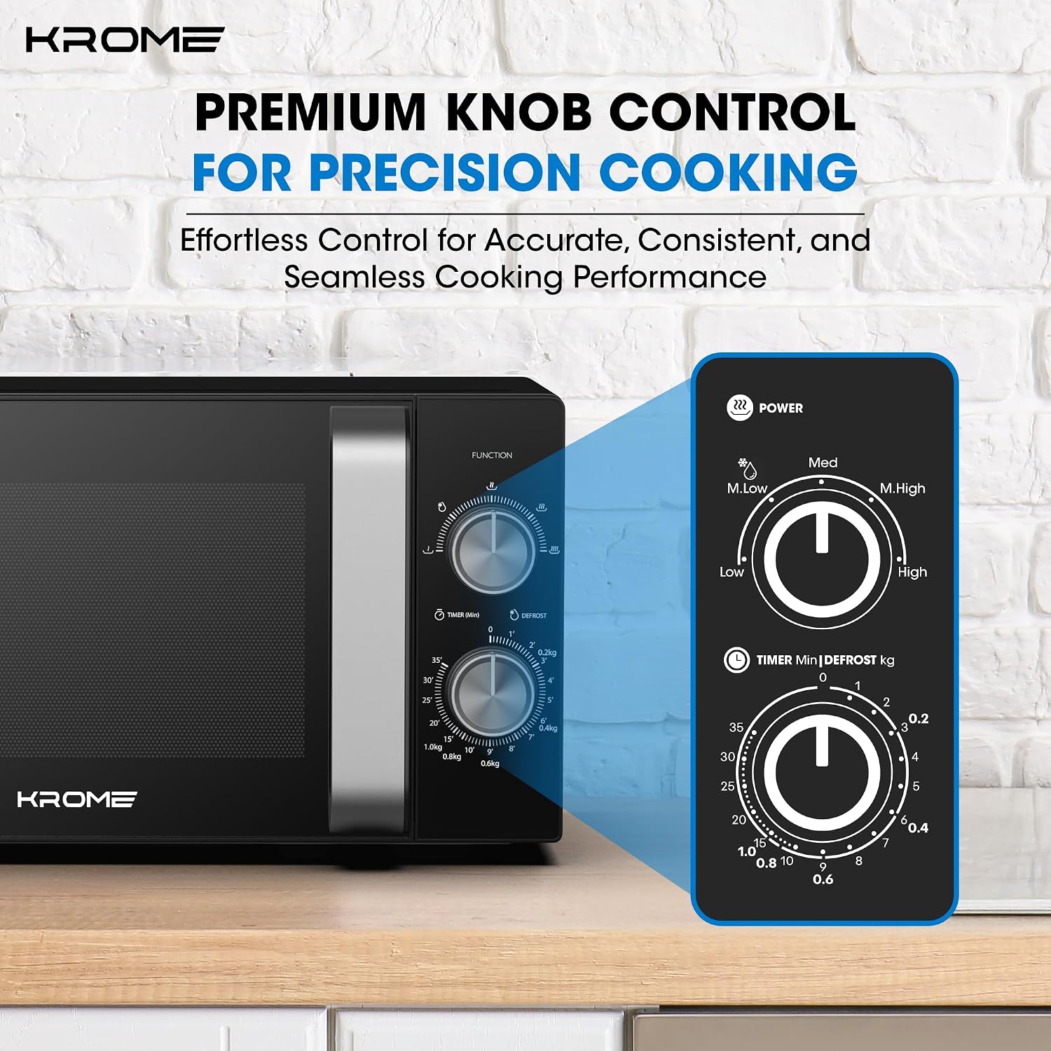KROME Microwave Oven, 20L Capacity, 700W Output, 5 Power Levels, 35 Minute Timer, Cooking End Signal, Grey Painted Cavity, Black Color| KR-MW20MM