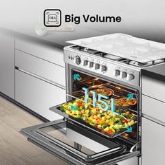 Hisense HFG90335RX 90 cm Freestanding Gas Cooker, 5 Gas Burners with Flame Failure Device, Cast Iron Pan Support, Auto Ignition, Stainless Steel