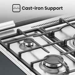 Hisense HFG90335RX 90 cm Freestanding Gas Cooker, 5 Gas Burners with Flame Failure Device, Cast Iron Pan Support, Auto Ignition, Stainless Steel