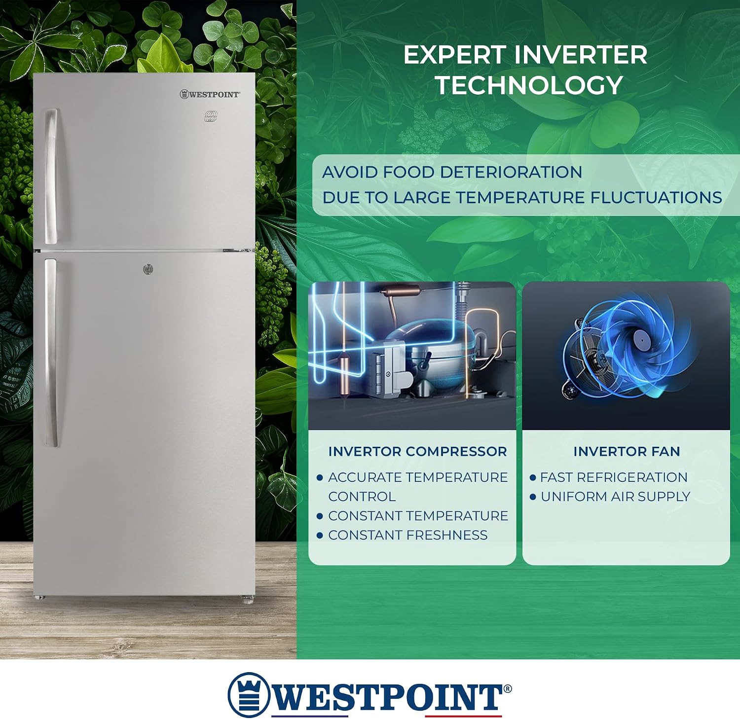 Westpoint 500 Liters Double Door Refrigerator,No-Frost, INVERTER COMPRESSOR, Vegetable Drawers, Fresh Zone Compartment, Twister for Ice Cubes, LOCK & KEY Silver WNN-5019EIV