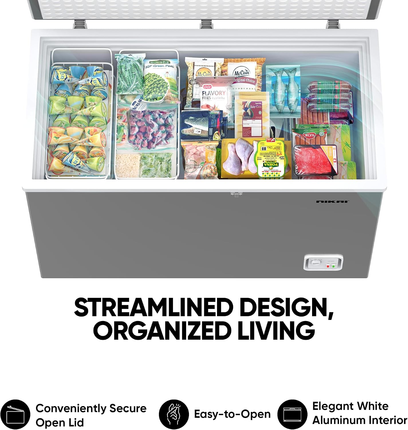 Nikai 340L Gross/300L Net, Single Door Chest Freezer with Storage Basket, High Energy Efficiency Cooling System, Adjustable Temperature, Silent Operation, For Home & Restaurants - NCF340N7S Silver