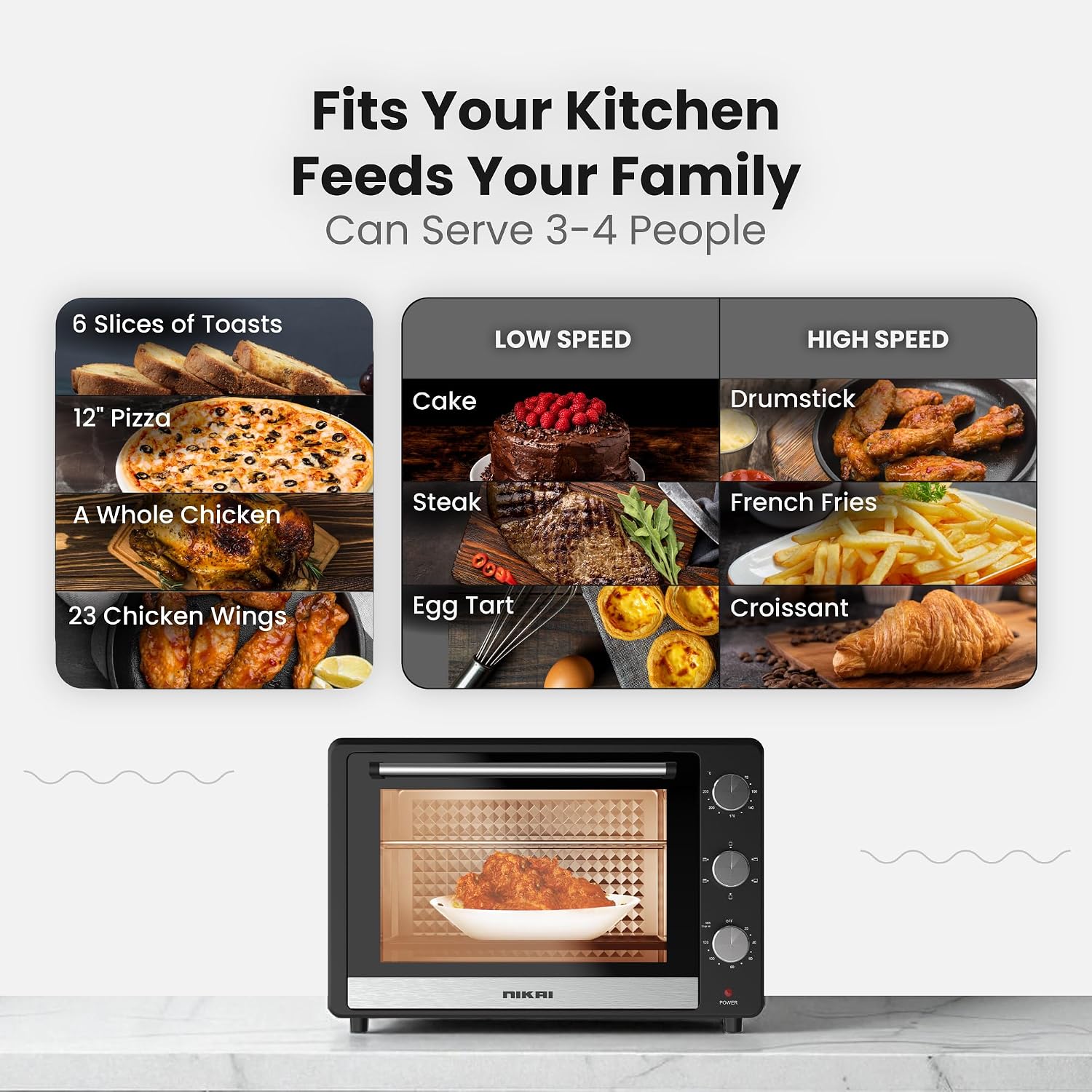Nikai 46L Electric Oven, 1800W Power, Adjustable Temperature, 7 Heating Stages, 60-Min Timer with Bell Ring, Indicator Light, Keep Warm Function, High-Efficiency Heating, Accessories Included -NT655N2