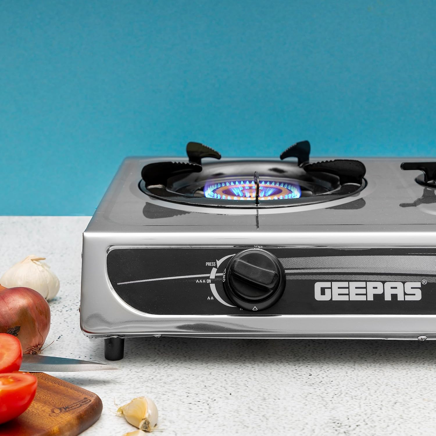Geepas Stainless Steel Gas Cooker, Auto Piezo Ignition, Triple Gas Burner | Low Gas Consumption | FFD | Cast Iron Mixing Tube