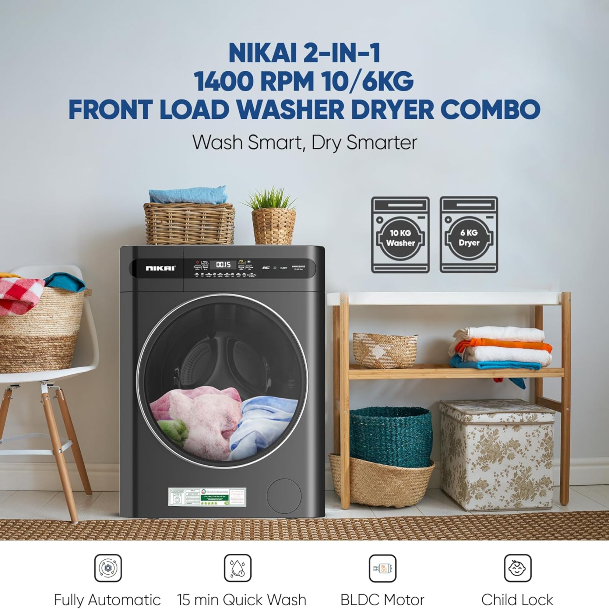 Nikai 10/6 kg Washer Dryer – 1400 RPM BLDC Inverter 18 Programs Touch Control NWM1106FDS