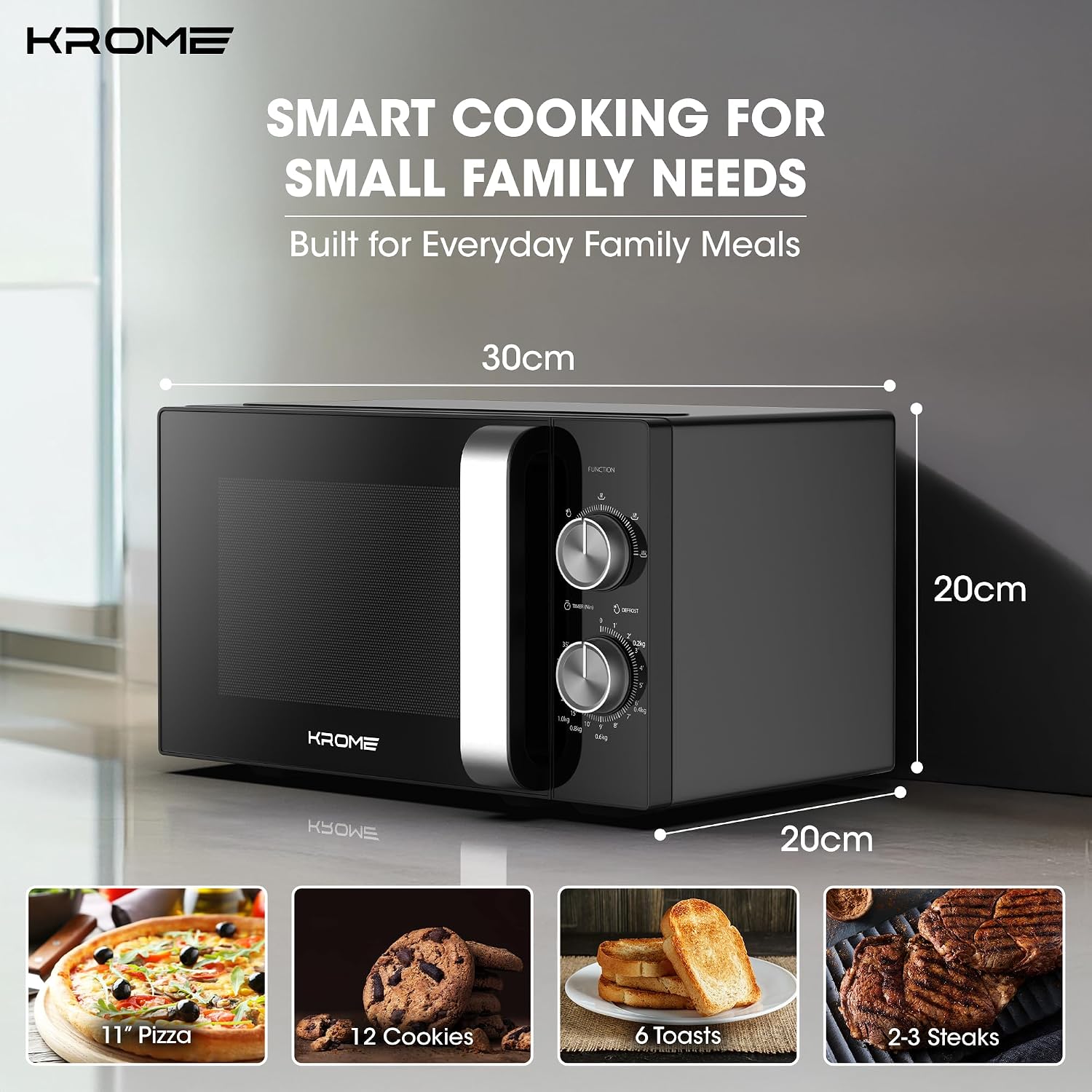 KROME Microwave Oven, 20L Capacity, 700W Output, 5 Power Levels, 35 Minute Timer, Cooking End Signal, Grey Painted Cavity, Black Color| KR-MW20MM