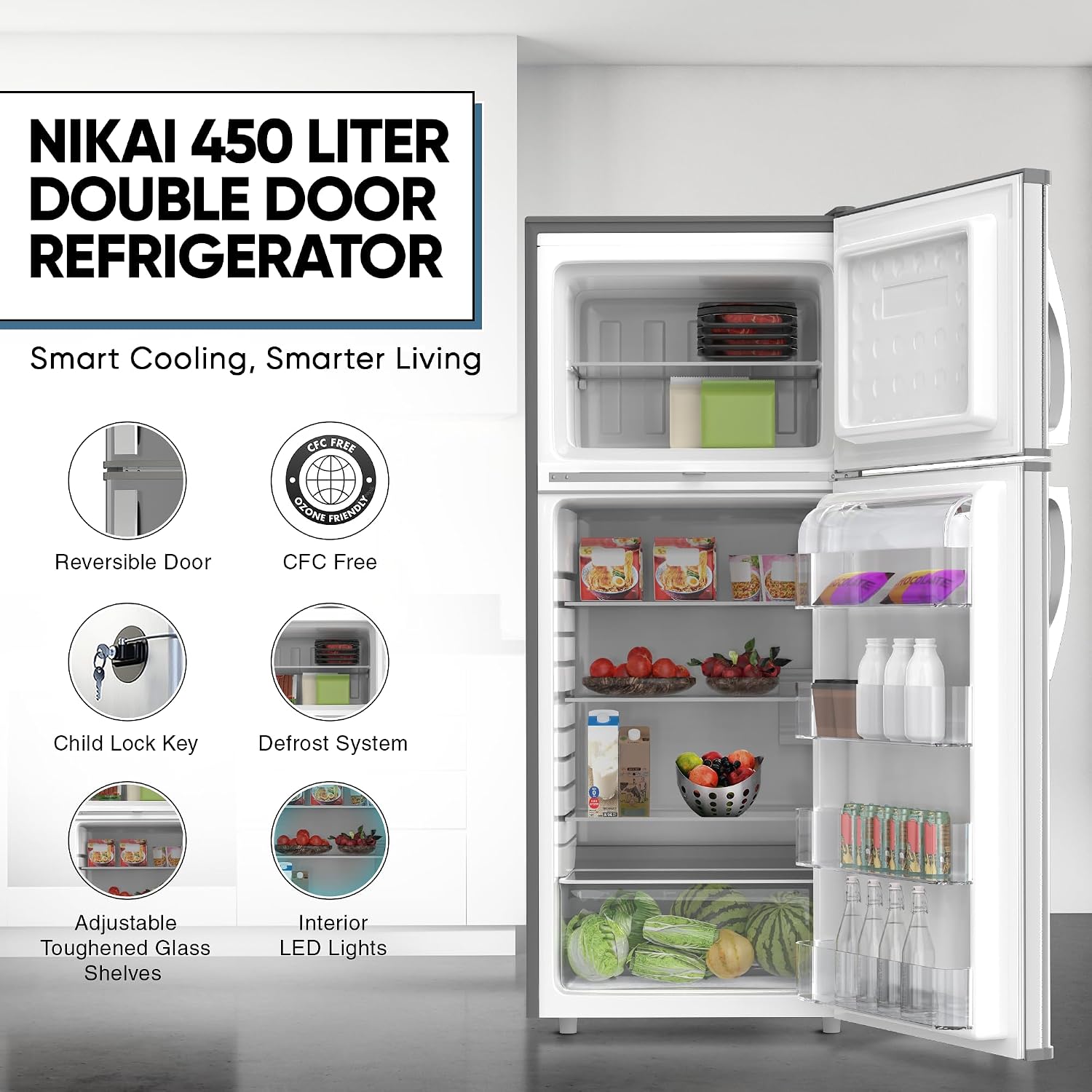 Nikai 450L Gross/311 Net, Double Door Refrigerator, with Vegetable Crisper & Adjustable Glass Shelves, Convenient Defrosting and Temperature Control, For Kitchen, Bedroom, Office & Hotels - NRF450DN5S