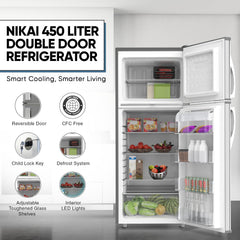 Nikai 450L Gross/311 Net, Double Door Refrigerator, with Vegetable Crisper & Adjustable Glass Shelves, Convenient Defrosting and Temperature Control, For Kitchen, Bedroom, Office & Hotels - NRF450DN5S