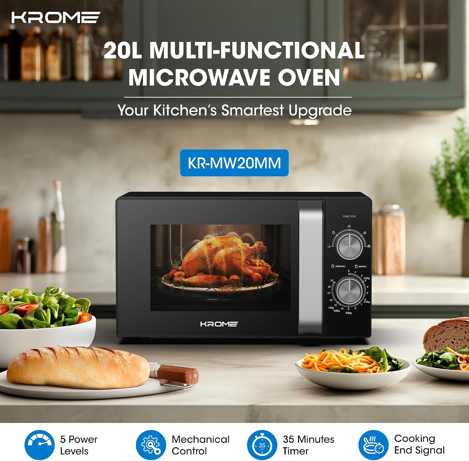 KROME Microwave Oven, 20L Capacity, 700W Output, 5 Power Levels, 35 Minute Timer, Cooking End Signal, Grey Painted Cavity, Black Color| KR-MW20MM