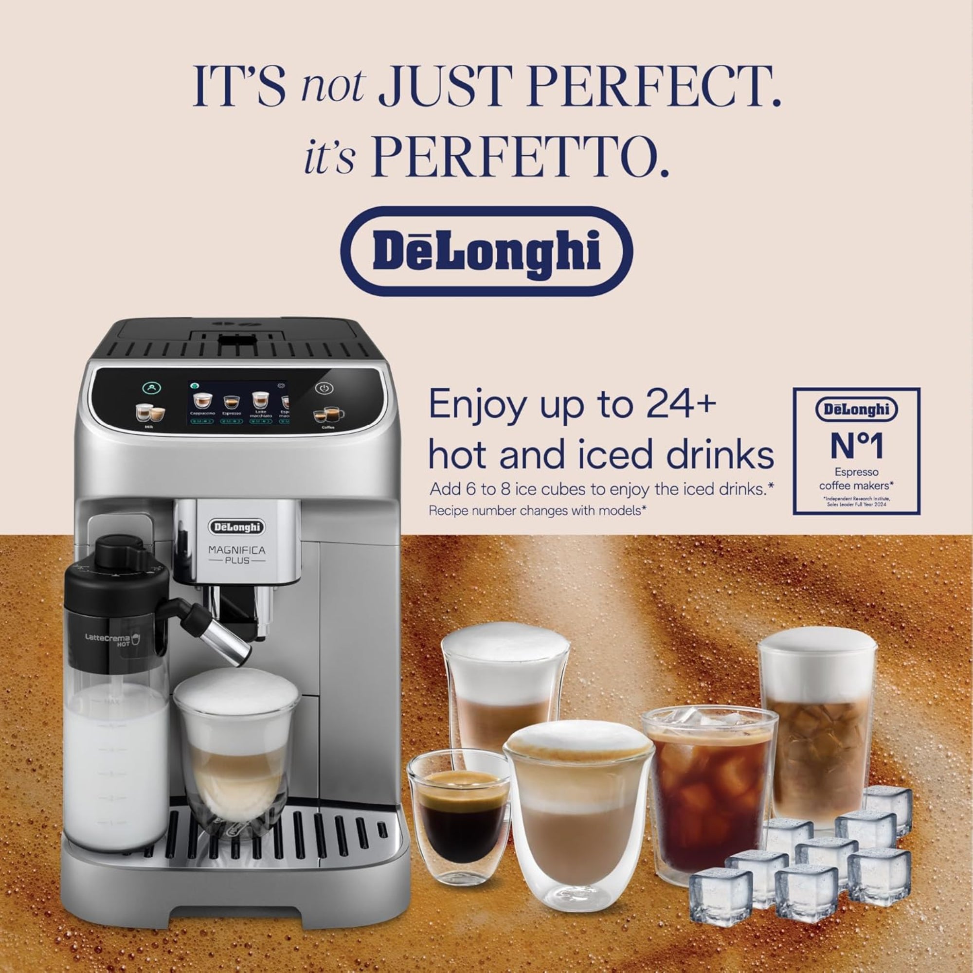 De'Longhi Magnifica Plus Fully Automatic Espresso Machine 24+ Hot & Iced Beverages LatteCrema Color Touch Display 13 Grinder Settings Twin Shot ECAM322.70.SB