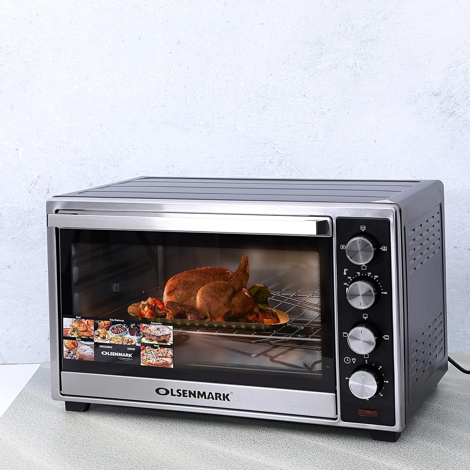 Olsenmark Electric Oven with Rotisserie, 45L - Electric Oven 2000W - 100-250 Adjustable Temperature, 60 min Timer Function - Multiple Cooking Functions & Grill