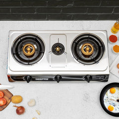 Geepas Stainless Steel Gas Cooker, Auto Piezo Ignition, Triple Gas Burner | Low Gas Consumption | FFD | Cast Iron Mixing Tube
