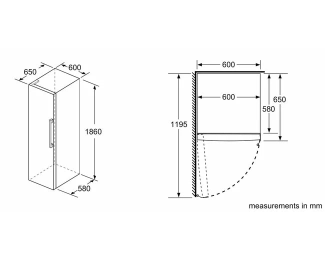 Bosch KSV36VW31U single door refrigerator dimensions drawing