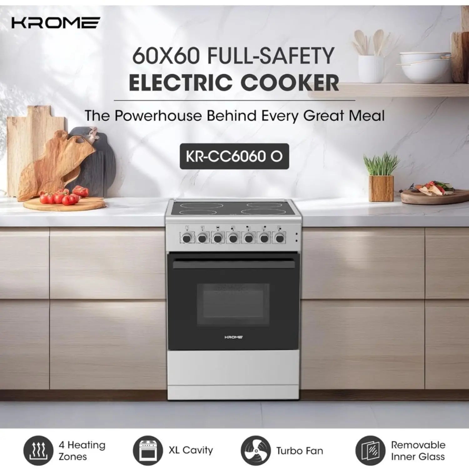 Krome 4 Zone Electric Cooker 60cm Silver – KR-CC6060O