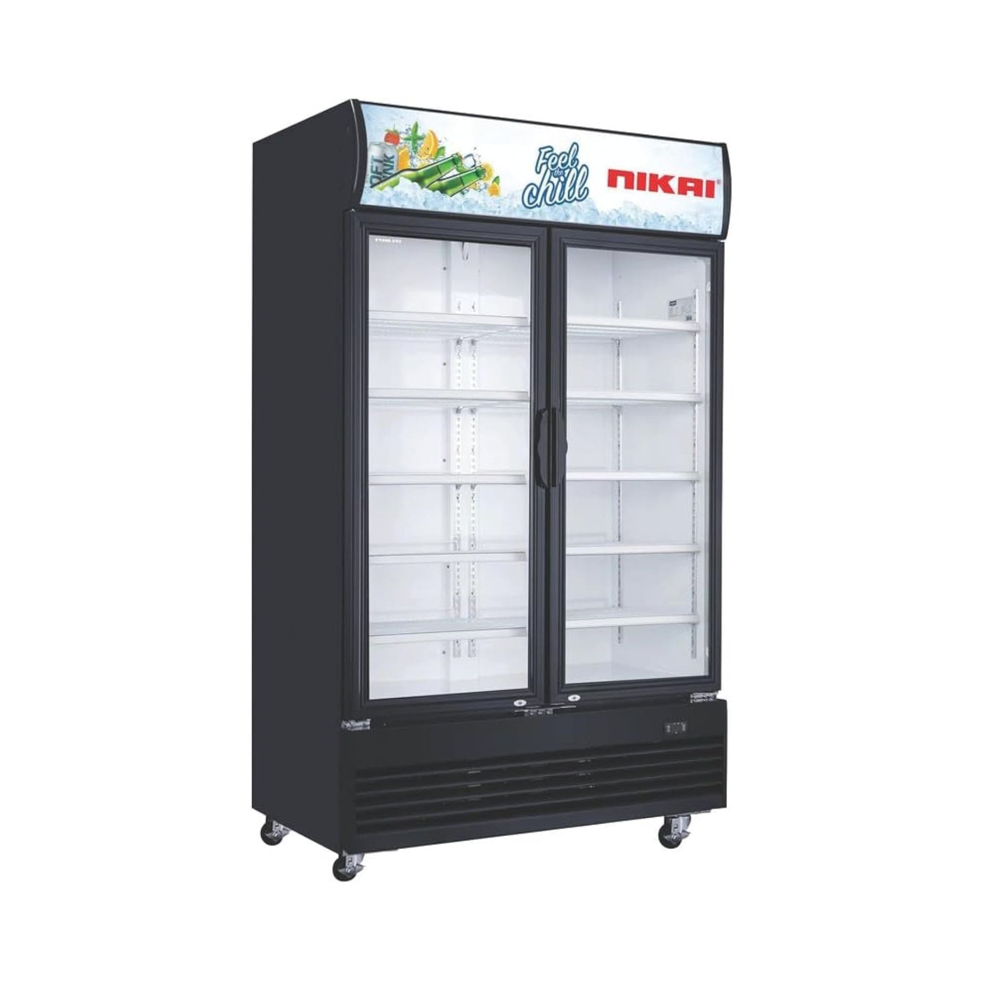 Nikai 1200L Double Door Chiller Fridge Commercial | No Frost Chiller | Tropical Compressor | Digital Display | Auto Defrost |LED Light| Adjustable Shelves|Castor Wheels |Tempered Glass (NSF1200FFH)