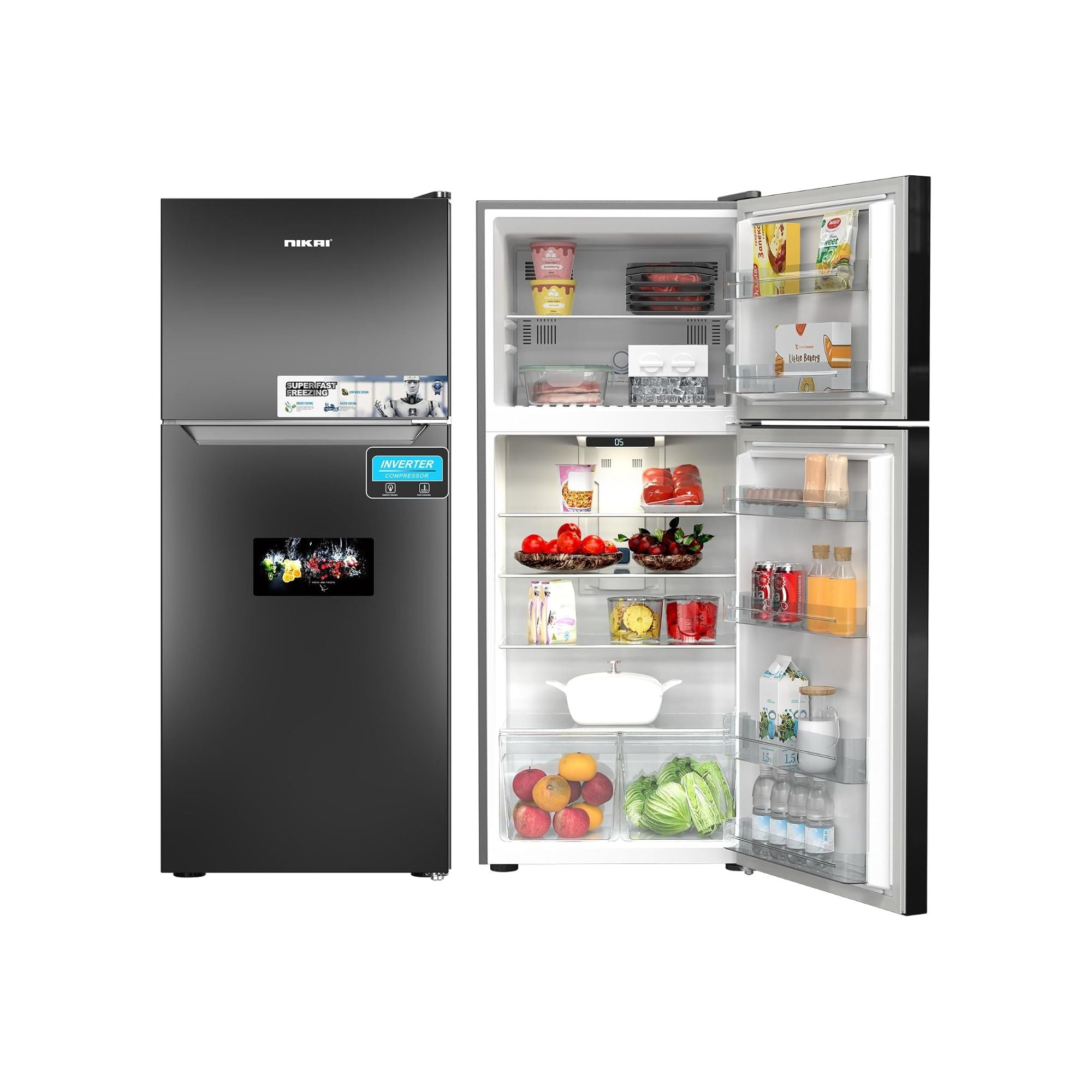 Nikai 700L Gross & 466L Net Double Door No Frost Top Mount Refrigerator, Digital Display, Silent & Energy Efficient, Inverter Compressor Big Fridge, Frost-Free, Best for Home & Kitchen - NRF701FSSINV