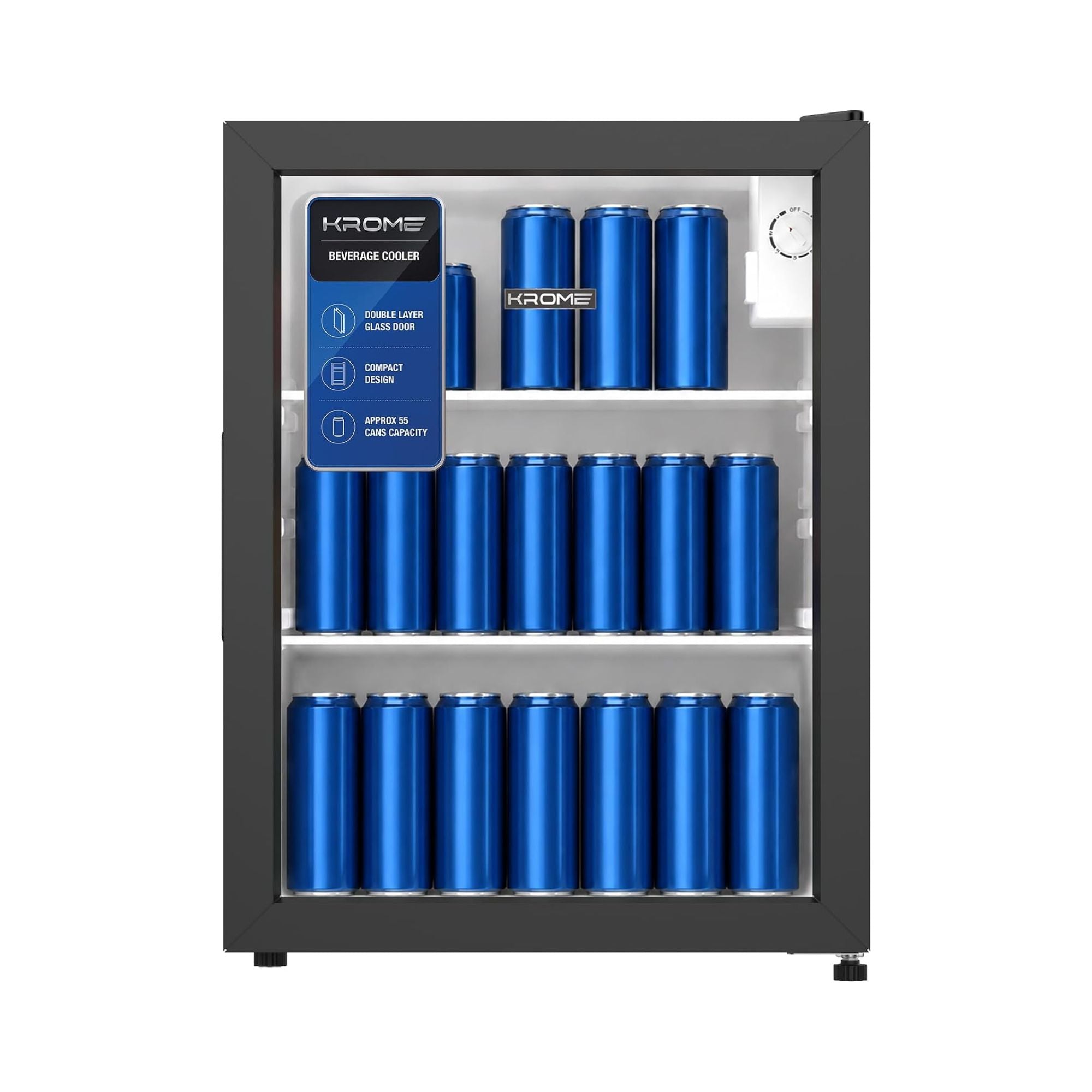 Krome Beverage Cooler, 90 L, Compact Design, Free Standing, Single Door, 2 Glass Shelves, Adjustable Feet, Mechanical Temperature Control, Environment-Friendly R600a, Black