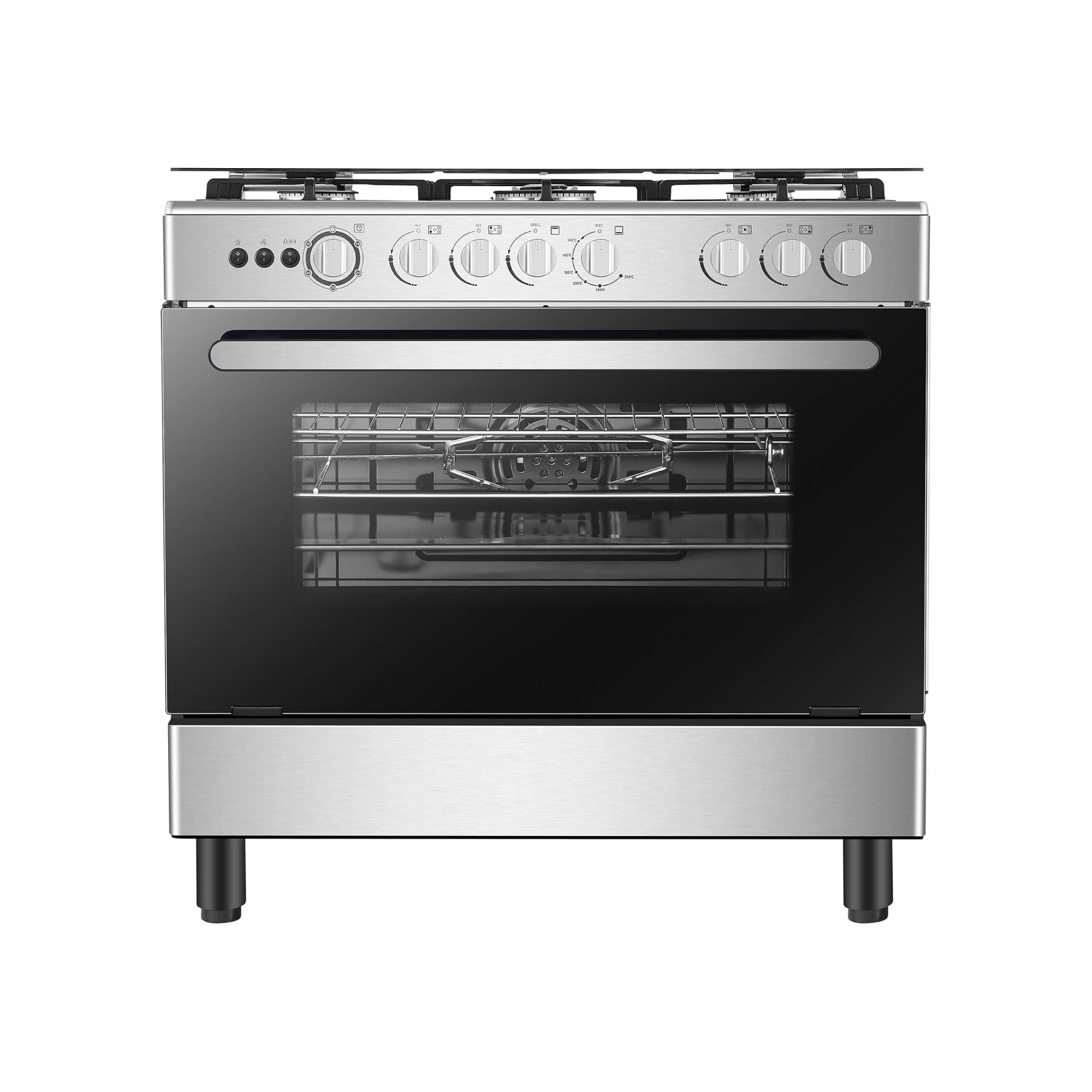 Hisense HFG90335RX 90 cm Freestanding Gas Cooker, 5 Gas Burners with Flame Failure Device, Cast Iron Pan Support, Auto Ignition, Stainless Steel