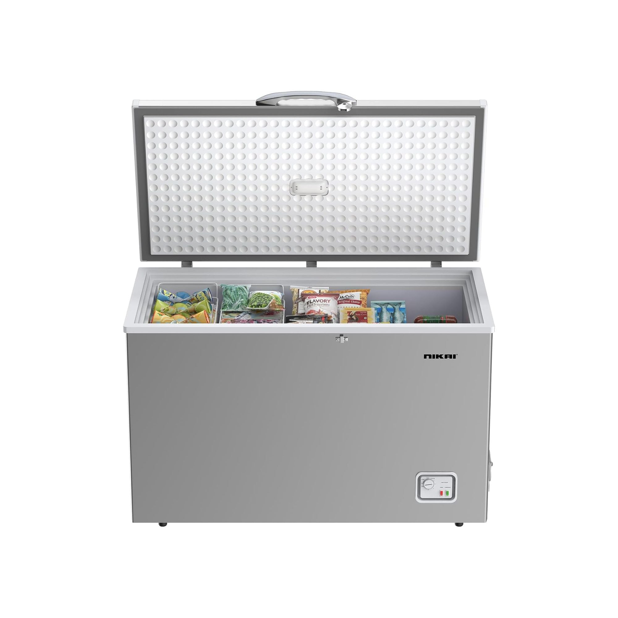 Nikai 340L Gross/300L Net, Single Door Chest Freezer with Storage Basket, High Energy Efficiency Cooling System, Adjustable Temperature, Silent Operation, For Home & Restaurants - NCF340N7S Silver