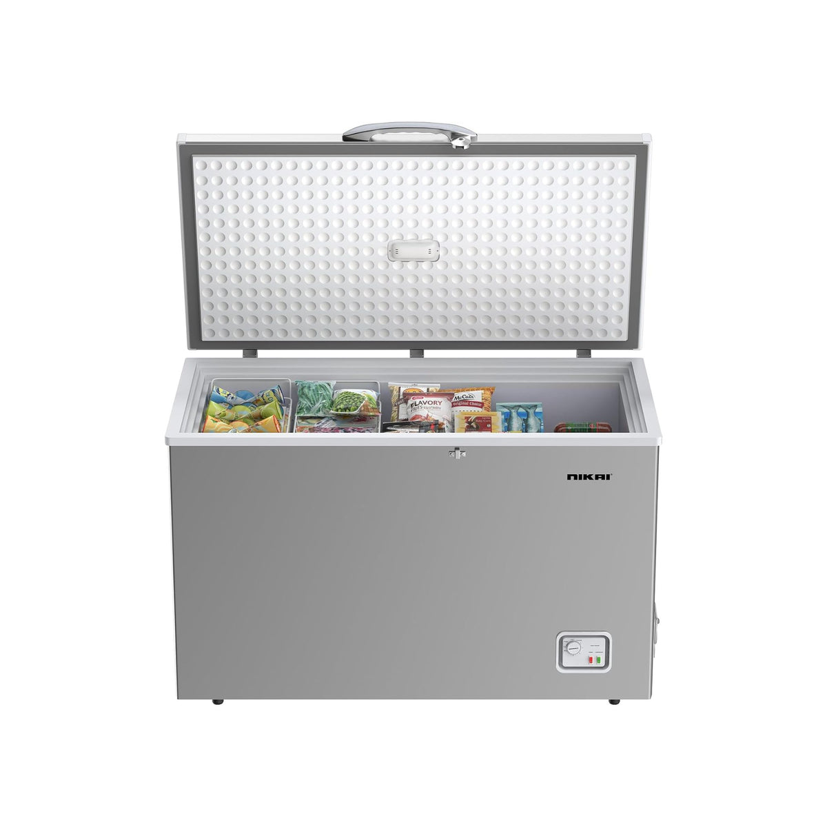 Nikai 340L Gross/300L Net, Single Door Chest Freezer with Storage Basket, High Energy Efficiency Cooling System, Adjustable Temperature, Silent Operation, For Home & Restaurants - NCF340N7S Silver