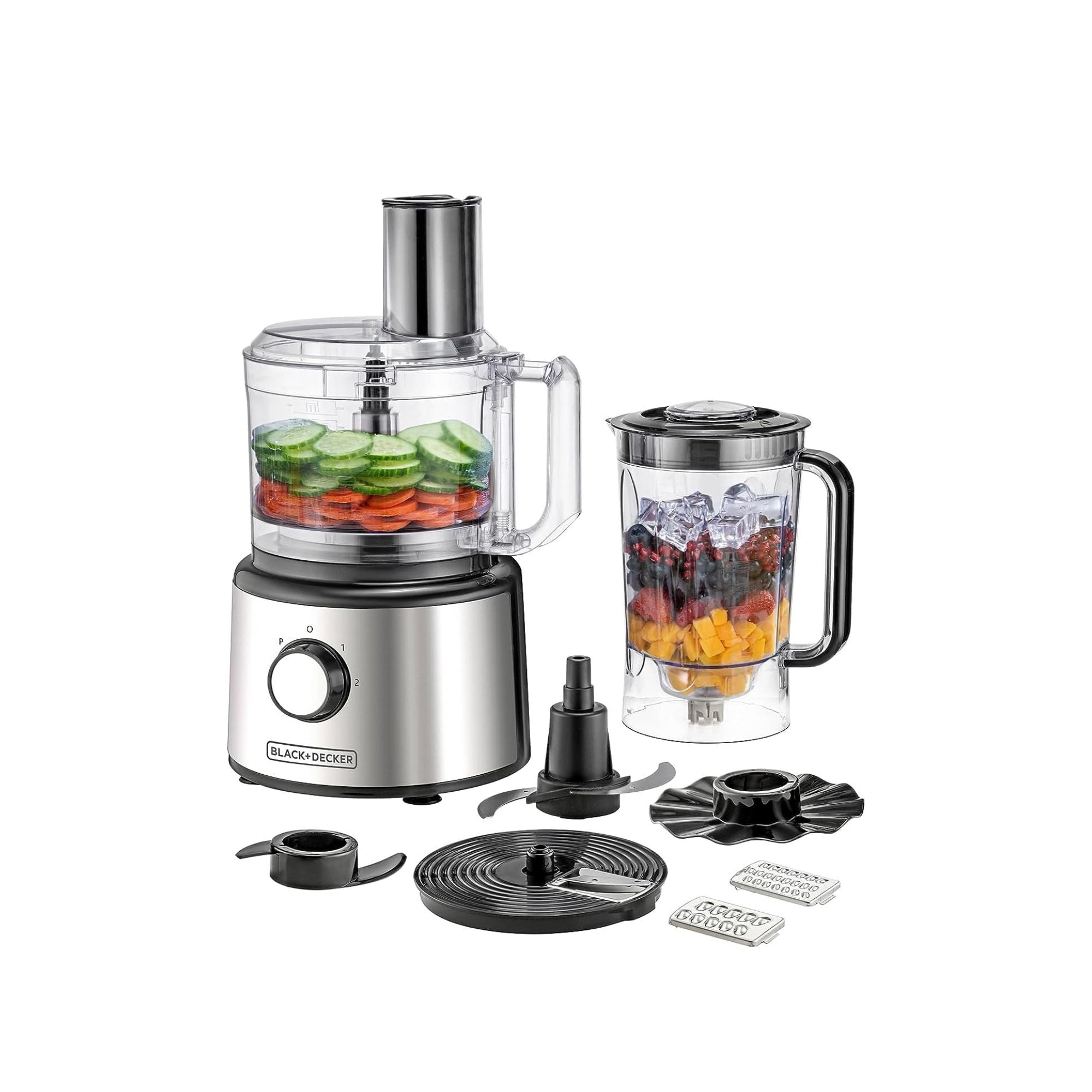 BLACK+DECKER Food Processor 750W, 25-in-1 Multi-Function, 2L Bowl & 2.3L Blender, Stainless Steel, 2 Speeds + Pulse, Chopper, Slicer, Shredder, Dough Maker, Dishwasher Safe | FX760SB-B5