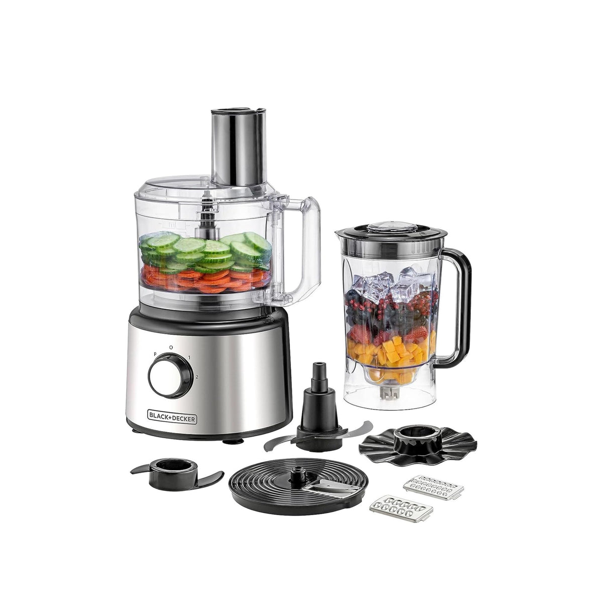 BLACK+DECKER Food Processor 750W, 25-in-1 Multi-Function, 2L Bowl & 2.3L Blender, Stainless Steel, 2 Speeds + Pulse, Chopper, Slicer, Shredder, Dough Maker, Dishwasher Safe | FX760SB-B5