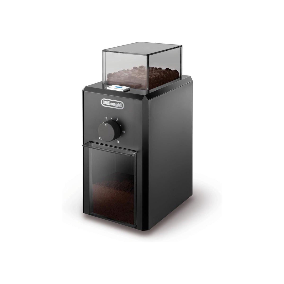 De'Longhi Electric Coffee Grinder, 110W, Burr Grinding System, 12 Settings, Stainless Steel Blade, 12 Cup Capacity, 120g Bean Container, Removable Transparent Lid – KG79, Black