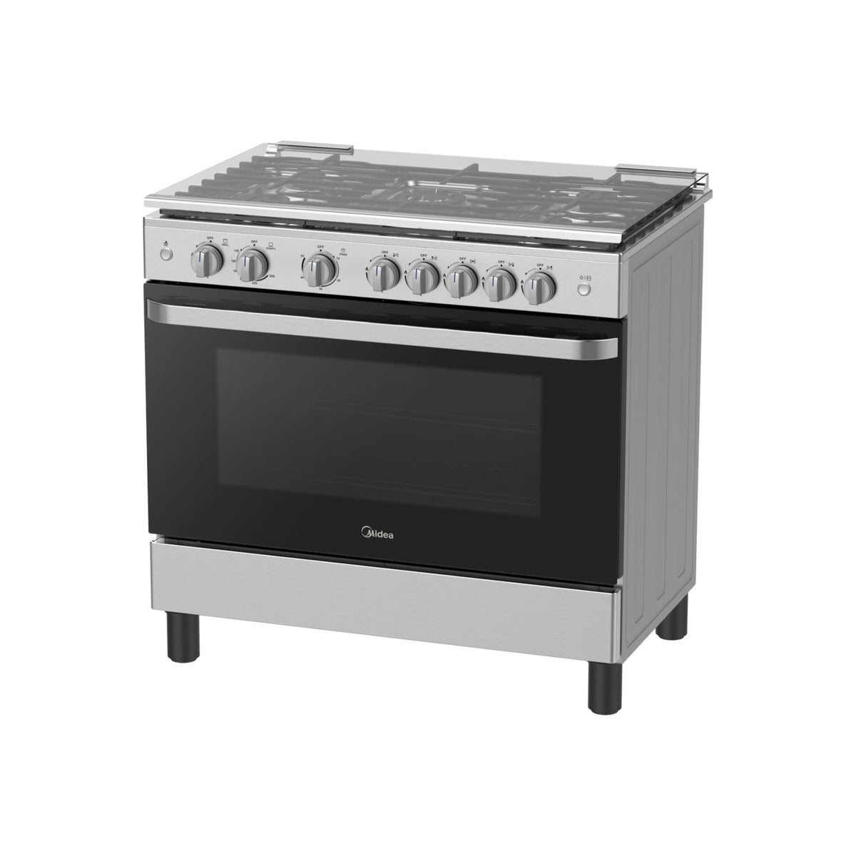 Midea 90x60cm Freestanding Cooker, Full Gas Cooking Range with 5 Burners, Automatic Ignition & Full Safety, Cast Iron Pan Support, Stainless Steel Finish, Separate Knob for Oven & Grill MFO-MG36LE-SS