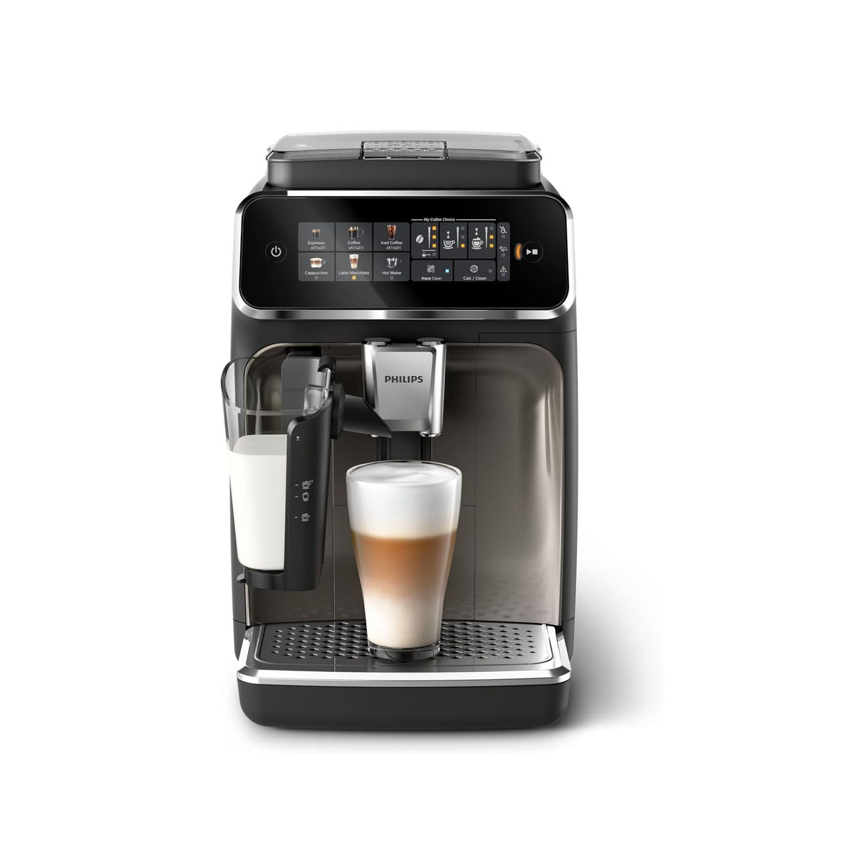 Philips Fully Automatic Coffee Machine Series 3300-6 Beverages, 1.8L Water Capacity, 1500W, LatteGo, SilentBrew, Coloured Touch Display, 12 Grinder Settings, Black Chrome - EP3347/90
