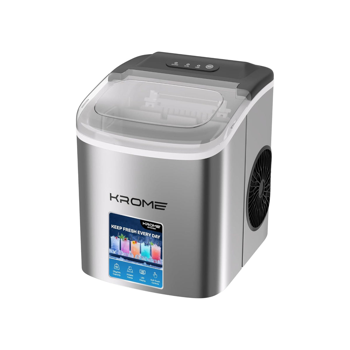 Krome Countertop Ice Maker Machine with LED Display, Auto Clean Function, 9 Bullet Ice Cubes per Cycle, Ice Scoop Included, Portable Stainless Steel Ice Machine for Home, Bar and Party Use KR-IM12SH