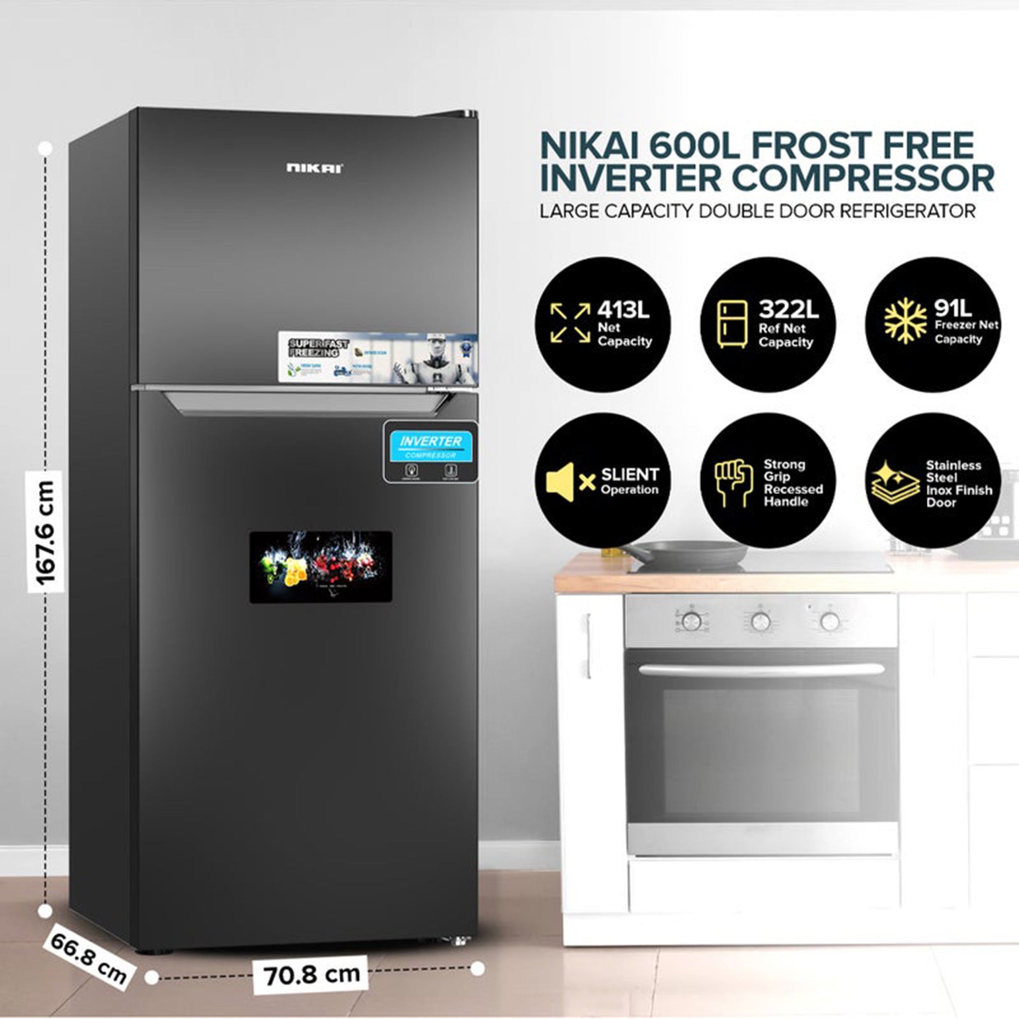 Nikai 700L Double Door Top Mount Refrigerator No Frost Inverter Compressor Digital Display NRF701FSSINV