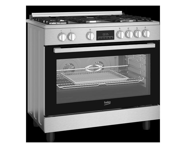 Beko 90x60cm Freestanding Gas Cooker, 5 Burners with Wok, 108L Multifunction Electric Oven, AirFry, Stainless Steel