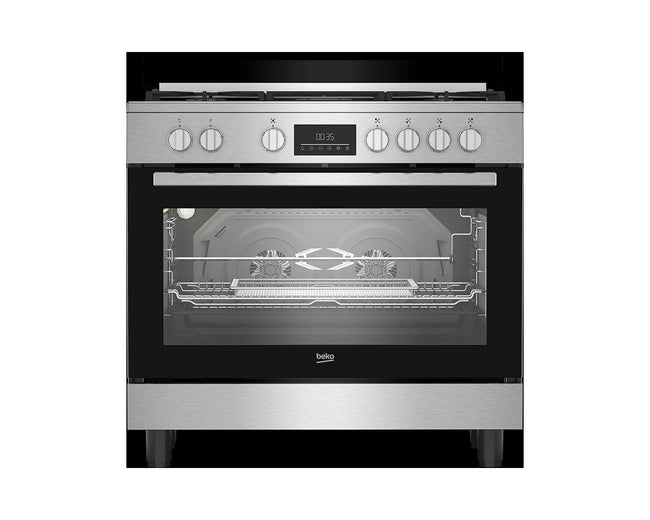 Beko 90x60cm Freestanding Gas Cooker, 5 Burners with Wok, 108L Multifunction Electric Oven, AirFry, Stainless Steel