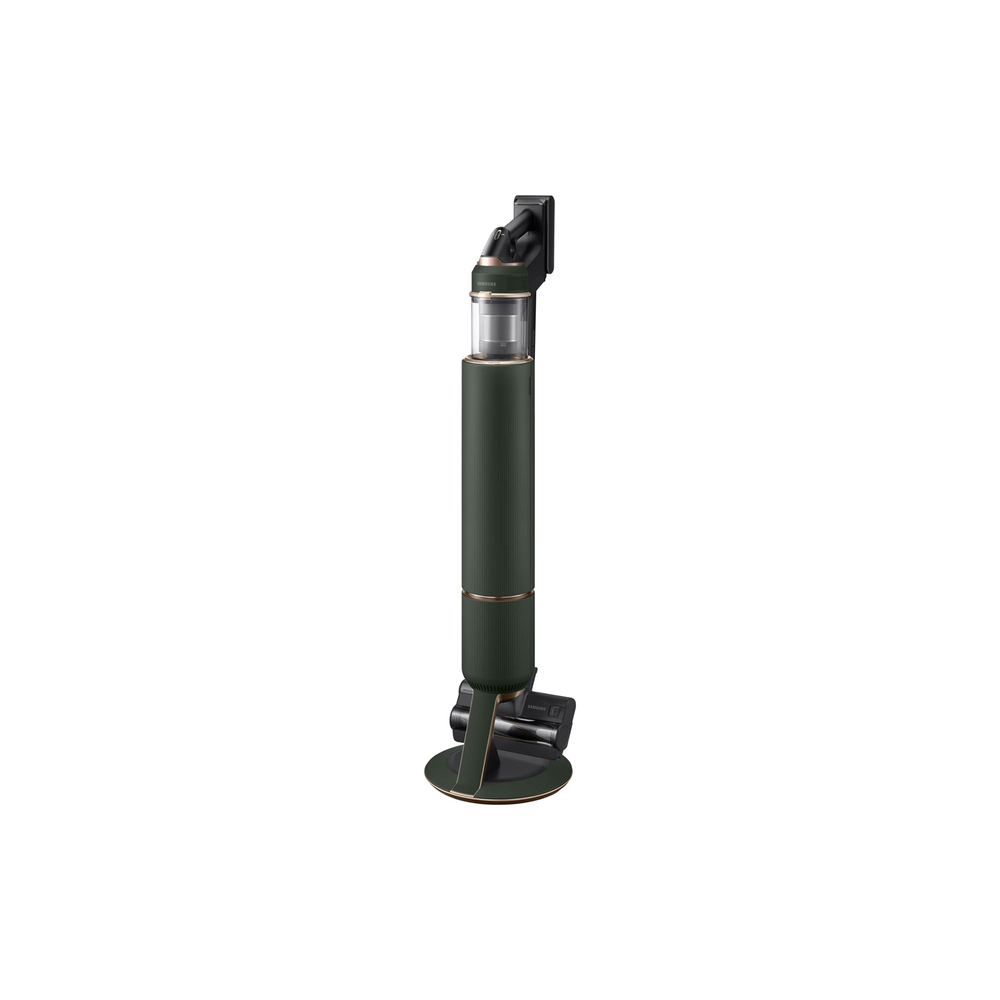 Samsung VS20A95943N stick vacuum docked on the All-in-One Clean Station in Woody Green