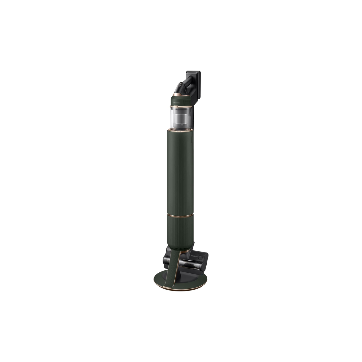 Samsung VS20A95943N stick vacuum docked on the All-in-One Clean Station in Woody Green