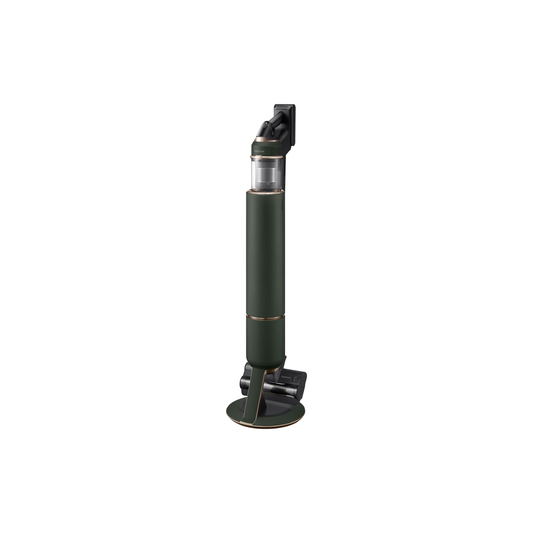 Samsung VS20A95943N stick vacuum docked on the All-in-One Clean Station in Woody Green