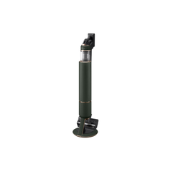Samsung VS20A95943N stick vacuum docked on the All-in-One Clean Station in Woody Green