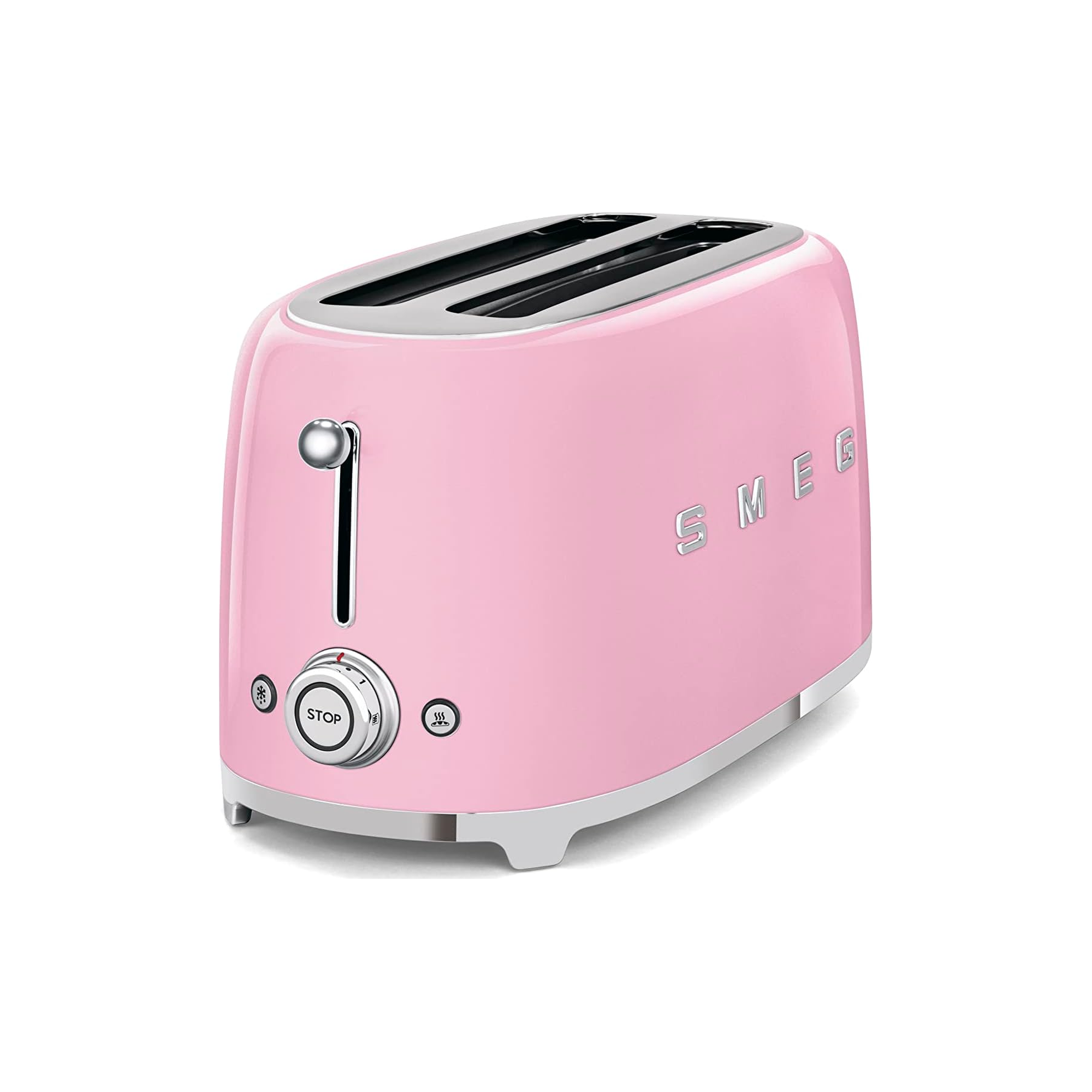 Smeg TSF02PKUK 50s retro style 4-slice toaster in Pink, angled view showing browning dial