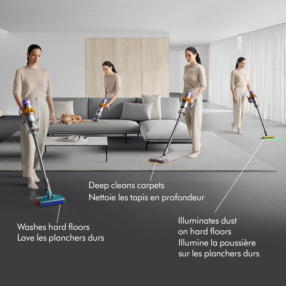 Dyson V15s Detect Submarine being used to deep clean carpets and wash hard floors around a living room