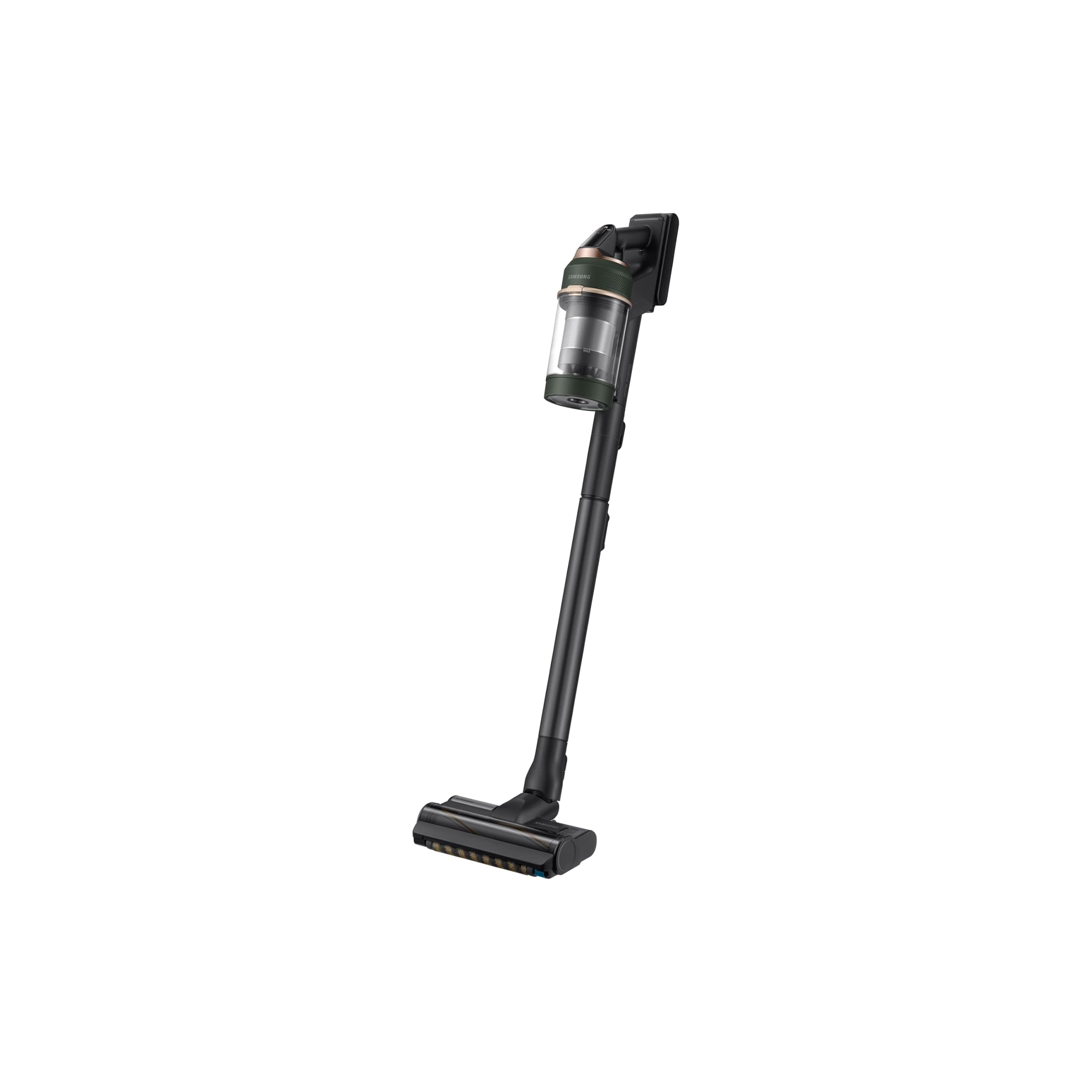 Samsung VS20A95943N stick vacuum angled view showing dust canister and floor head