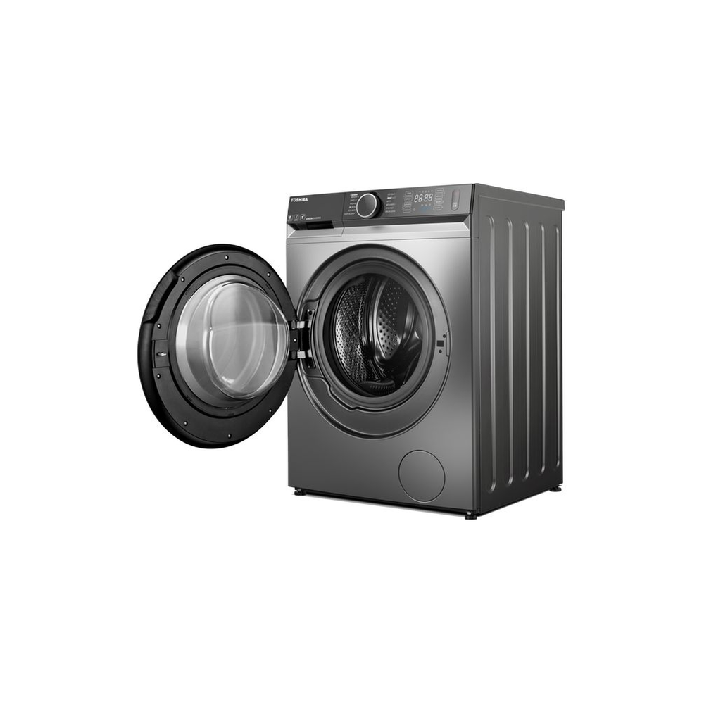 Toshiba TWD-BM110GF4B(MG) washer dryer with door open, showing the 10kg drum interior