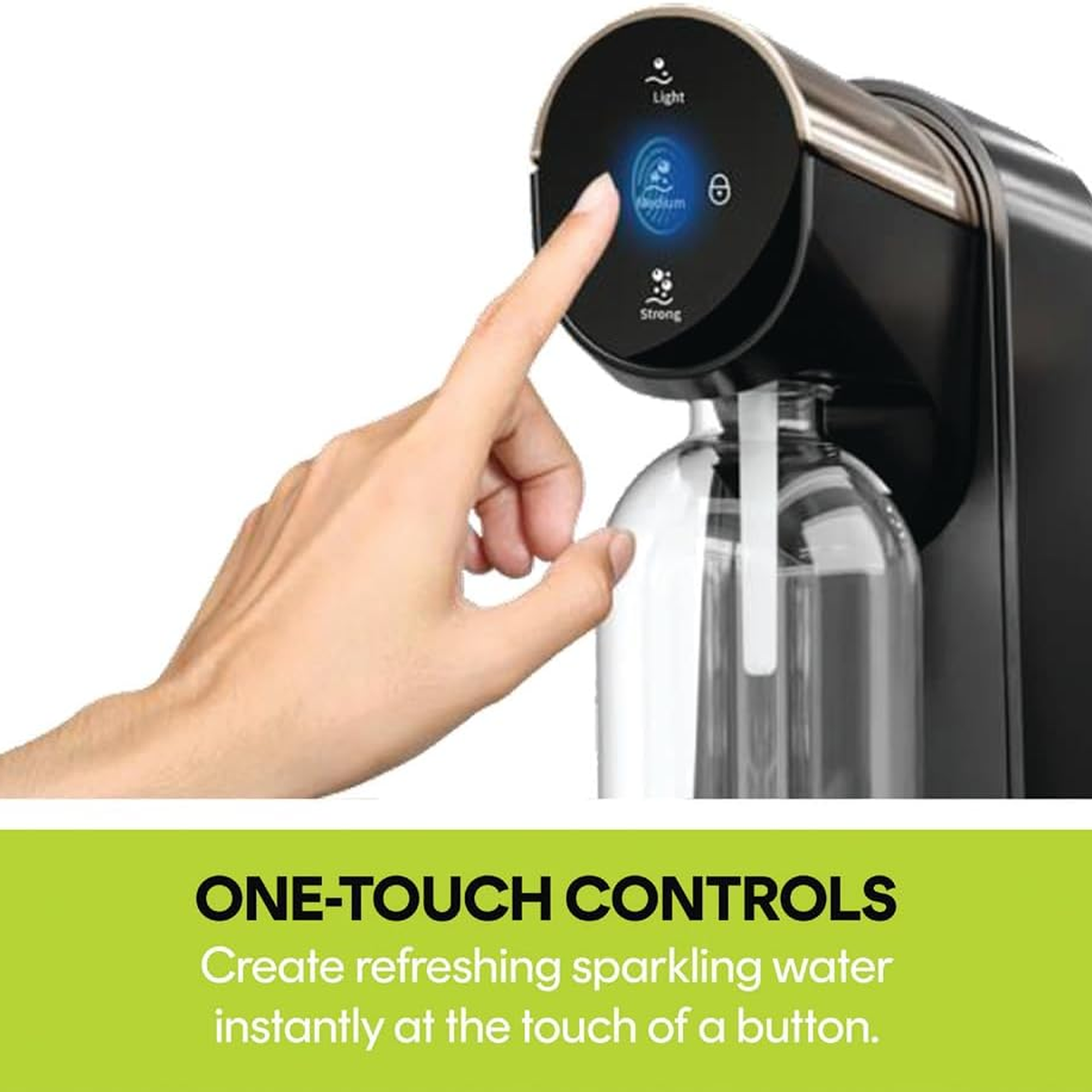 Nutricook Fizzi Soda Maker NC-FSM100 one-touch controls showing Light, Medium and Strong fizz level buttons
