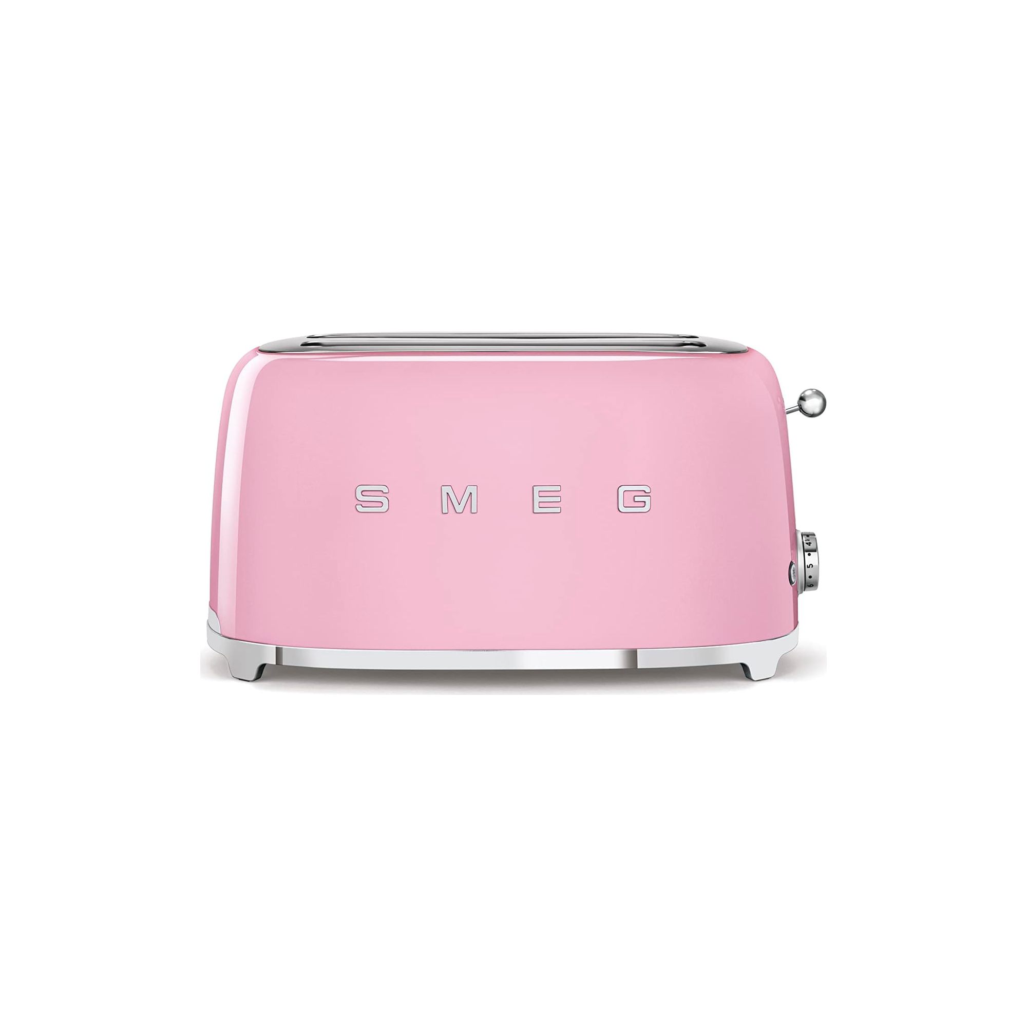 Smeg TSF02PKUK 4-slice toaster front view with extra wide slots and chrome high-lift lever