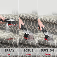 Hoover CleanSlate CDSW-MPMC SpinScrub tool demonstrating spray, scrub and suction on a stained carpet