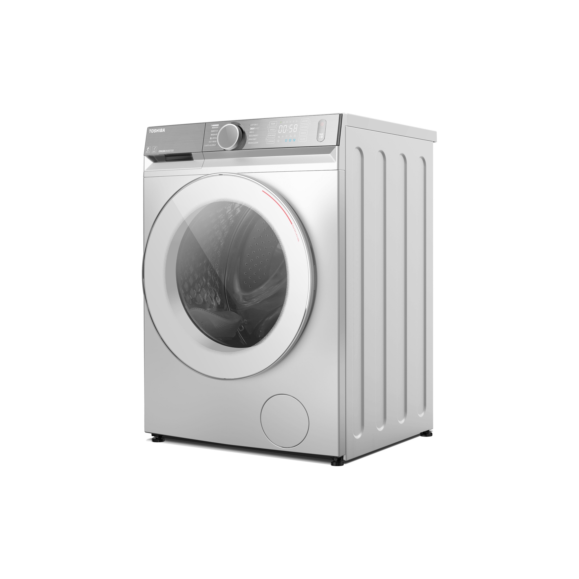 Toshiba TWD-BM130GF4B(WS) washer dryer – side-angle view showing the drum door and digital display