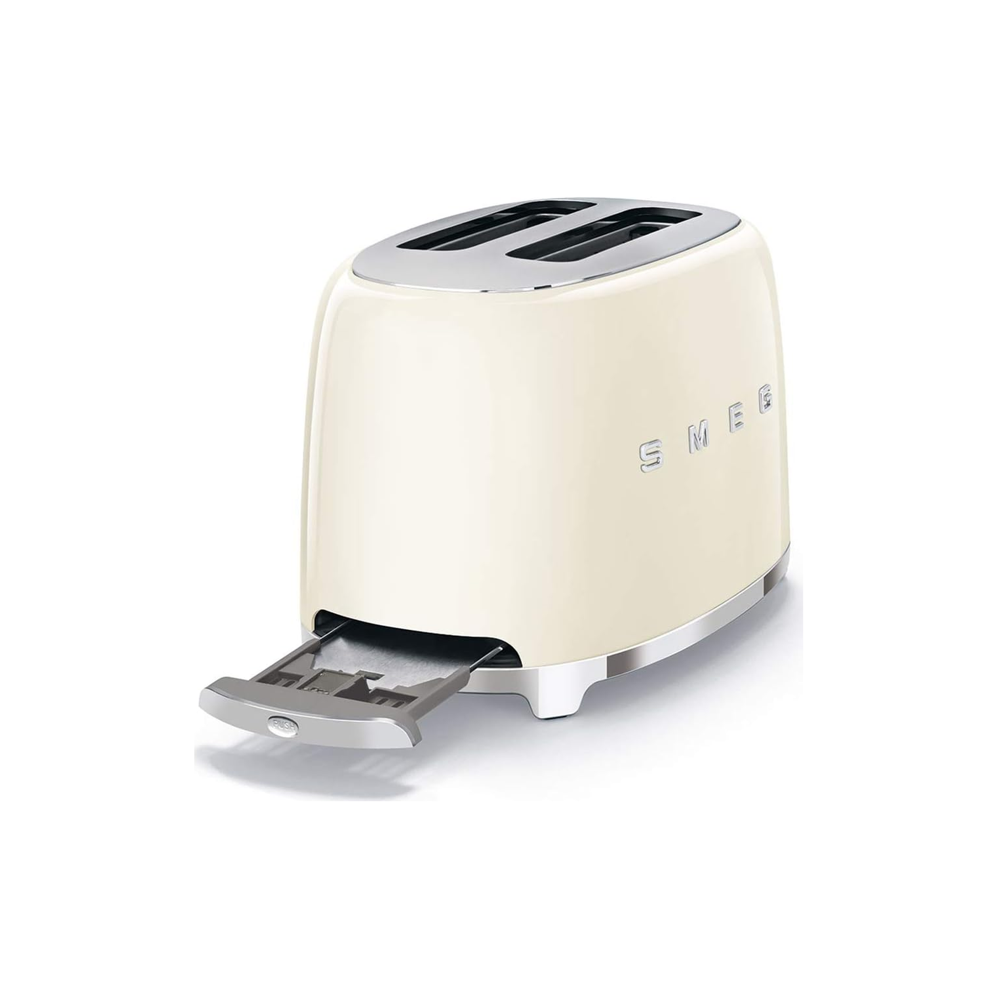 Smeg TSF01CREU 2-slice toaster with removable crumb tray pulled out