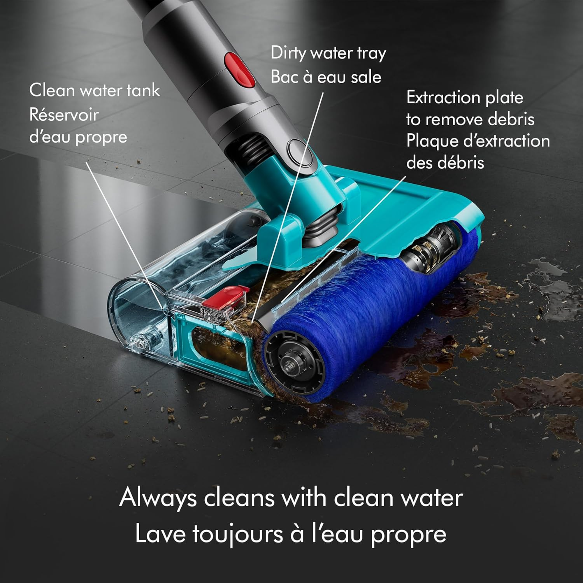 Dyson V15s Detect Submarine wet roller head diagram showing clean water tank, dirty water tray, and extraction plate