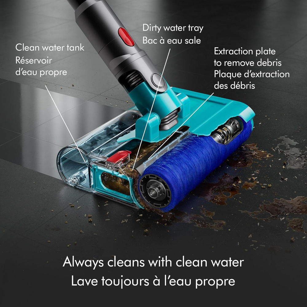 Dyson V15s Detect Submarine wet roller head diagram showing clean water tank, dirty water tray, and extraction plate