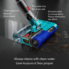 Dyson V15s Detect Submarine wet roller head diagram showing clean water tank, dirty water tray, and extraction plate