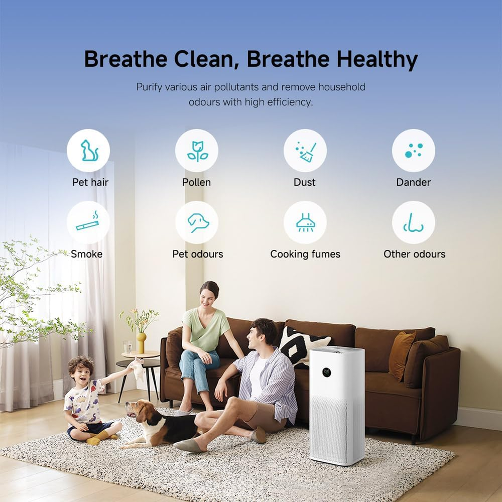 Xiaomi Smart Air Purifier 4 Pro removing pet hair, pollen, dust, dander, smoke and odours in a living room with a family