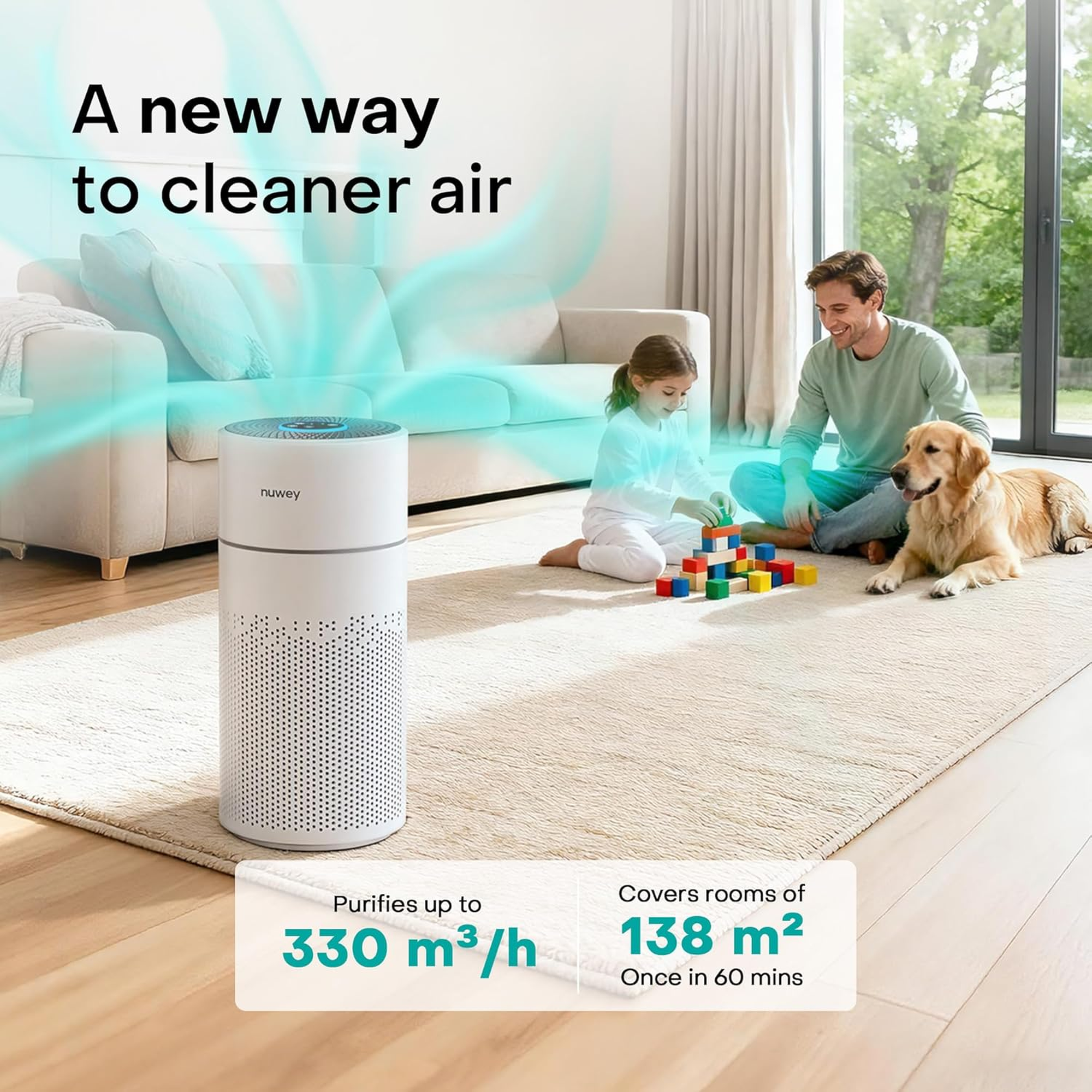 Nuwey AP330 air purifier in a living room purifying 330 cubic metres per hour, covering 138 square metres